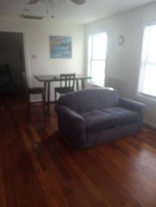 a living room with a couch and a table at a nice one bedroom free parking in Schenectady