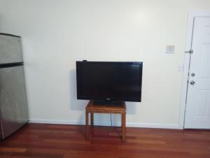 a flat screen tv sitting on top of a table at comfy cozy roomy in Schenectady