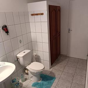 a bathroom with a toilet and a sink at Maison charmante au cœur de Le Gosier avec cheminée in Le Gosier