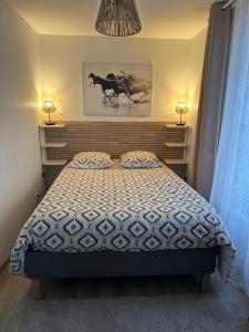 ein Schlafzimmer mit einem Bett, zwei Lampen und einem Gemälde in der Unterkunft Appartement agréable et confortable pour 4 personnes in Le Havre