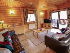a living room with couches and a tv in a cabin at The Great Escape in Louth