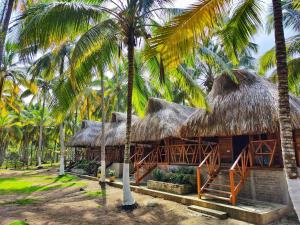 a house with a straw roof and palm trees at Rincon Sereno in Palomino
