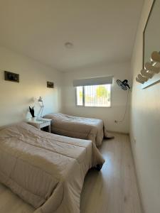 two beds in a room with a window at Casa Amonite Hostel Boutique in Puerto Madryn