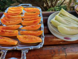 a tray of sliced fruit and a plate of apples at Pousada do Queijo in Sêrro