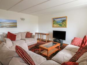 a living room with two couches and a tv at Pant in Llangranog