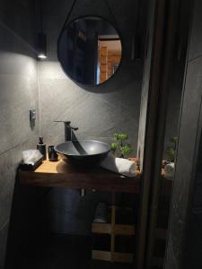 La salle de bains est pourvue d'un lavabo et d'un miroir. dans l'établissement BearHouse Chalet, à Poiana Mărului