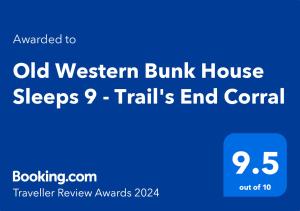 a screenshot of an old western bank house sleeps trains end coral at Acorn Hideaways Canton Old West Bunkhouse for 9 - Trail's End Corral in Canton