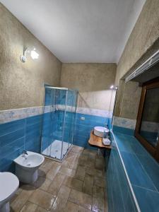 ein Bad mit einer Dusche, einem Waschbecken und einem WC in der Unterkunft Agriturismo Il Raggio di sole di Orpello in Camerino