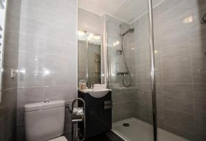 ein Bad mit einem WC, einem Waschbecken und einer Dusche in der Unterkunft Résidence Clos Du Savoy - Studio pour 4 Personnes 964 in Chamonix-Mont-Blanc