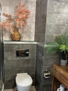 a bathroom with a toilet and a plant at Apartament Klifowy Raj SPA & Restaurant by Stayly in Niechorze