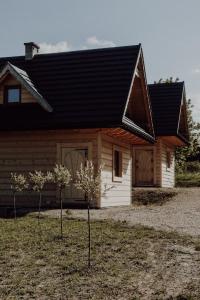 una cabaña de madera con dos árboles delante de ella en Domek pod lasem-Orawskie Ranczo, en Harkabuz