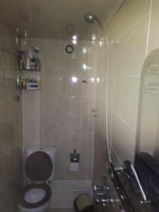 a bathroom with a shower with a toilet and a sink at Guest House Dodo in Stepantsminda