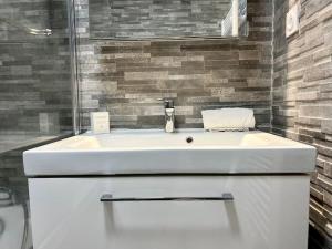 a white sink in a bathroom with a brick wall at Magnifique Appartement CL-FD Centre Historique Marché Poissons A in Clermont-Ferrand