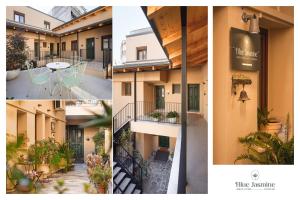 een collage van foto's van een gebouw met een patio bij Blue Jasmine Urban Living in Ioannina