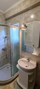 La salle de bains est pourvue d'une douche, d'un lavabo et de toilettes. dans l'établissement Apartmani Milicevic, à Igalo
