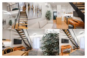 een kamer met een trap en een woonkamer bij Blue Jasmine Urban Living in Ioannina
