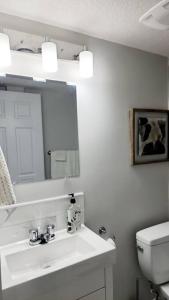 a bathroom with a sink and a mirror and a toilet at Aurora legal suite in Calgary