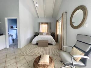 a bedroom with a bed and a chair and a mirror at Villa Lu-Ja 