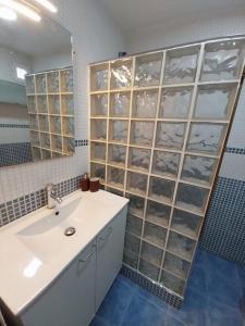 baño con lavabo y pared de cristal en Veguita 2: piso renovado a 3 min de la playa, en Almería
