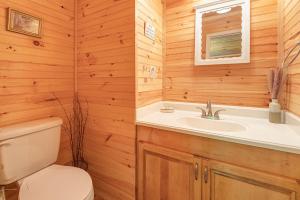 a bathroom with a toilet and a sink at Free tickets! Sleeps 10 SECLUDED Cosby cabin on 7 acres w hot tub, game room! in Cosby +51 photos