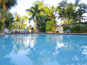 a large swimming pool with blue water and palm trees at Mission Beach Hideaway Holiday Village in Mission Beach