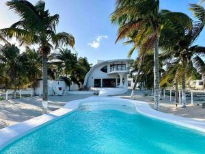 a swimming pool in front of a house with palm trees at Unique Beachfront Casa Kyma, Pool, San Crisanto, Yucatan in San Crisanto