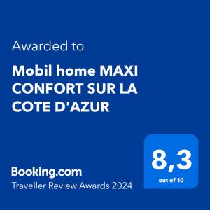 Sertifikatas, apdovanojimas, ženklas ar kitas apgyvendinimo įstaigoje Mobil home MAXI CONFORT SUR LA COTE D'AZUR matomas dokumentas