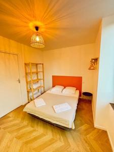 ein Schlafzimmer mit einem Bett und einer Decke mit Licht in der Unterkunft Bel appartement proche gare #3 in Bourgoin