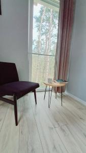 a living room with a couch and a table and a window at Fiszka in Pobierowo