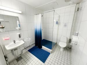 a bathroom with a shower and a sink and a toilet at Hostel Hermanni in Kuopio +46 photos