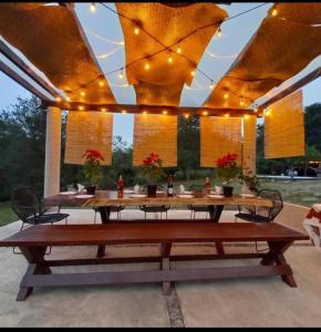 una mesa de picnic con luces en el patio en cabaña las chachalacas,hermoso espacio natural en Colima