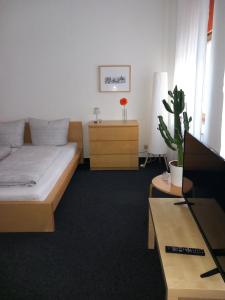 a bedroom with a bed and a cactus in it at City-Apartment Adlergasse Dresden in Dresden