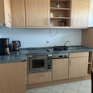 a kitchen with a stove and a microwave at Ferienpark Buntspecht Apartment 1 in Pruchten