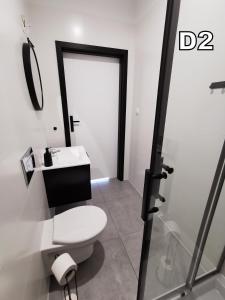 a bathroom with a toilet and a sink and a shower at DM DOMKI Kościelna 54 in Mielno +8 photos