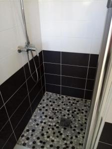 La salle de bains est pourvue d'une douche en noir et blanc. dans l'établissement Villa des fleurs, à Pointe-Noire