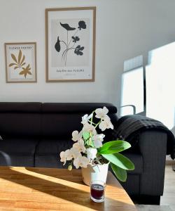 a living room with a black couch and a vase with flowers at Modernes Zwei-Zimmer-Apartment Chemnitz - Kaßberg in Chemnitz