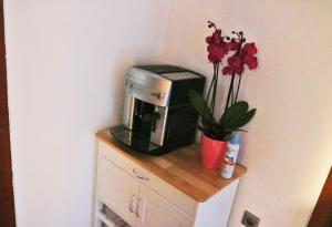 a microwave sitting on top of a dresser with flowers at Beauty Haus im Zentrum in Bad Sooden-Allendorf