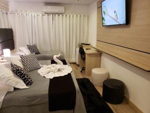a hotel room with a bed and a flat screen tv at Lages Plaza Hotel in Lages