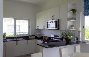 a kitchen with white cabinets and a black counter top at Dream villa with pool & garden view in Vista Cana in Punta Cana