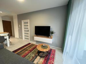 a living room with a flat screen tv on a wall at Apartament Zacisze 13 in Piaseczno
