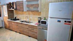 a kitchen with a refrigerator and a microwave at Casa Giubega in Buşteni