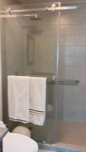 een badkamer met een douche, een toilet en handdoeken bij Lujosa Suite; confort, seguridad in Guayaquil