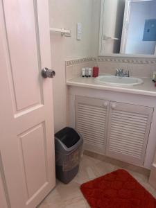 uma casa de banho com um lavatório e uma lata de lixo em StayHaven Escapes em Saint Michael