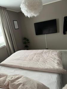 1 dormitorio con 1 cama y TV de pantalla plana en Hus med 2 soverom, en Sortland