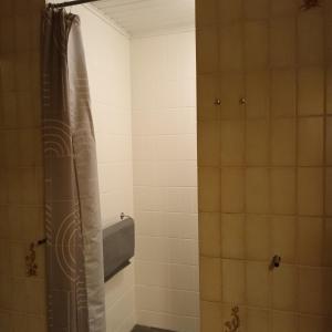 y baño con ducha y cortina de ducha. en Villa in Brande en Gammel Blåhøj