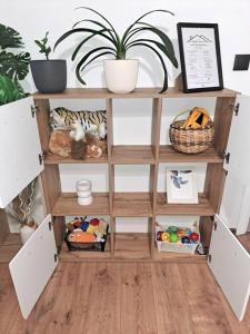 a shelf with stuffed animals and plants on it at White House Apartments - Boho in Haskovo +17 photos