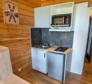 a kitchen with a sink and a microwave at Résidence Le 1650 - Studio 964 in Les Orres