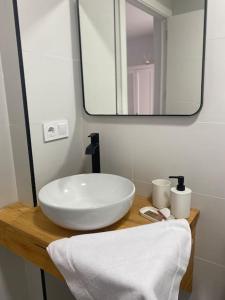 a bathroom with a white sink and a mirror at Apartamento Baeza 4A in Baeza