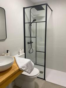a bathroom with a shower and a toilet and a sink at Apartamento Baeza 4A in Baeza