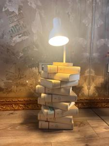 une pile de livres assises sur une lampe dans l'établissement Casa & Bottega, à Rivarolo Mantovano